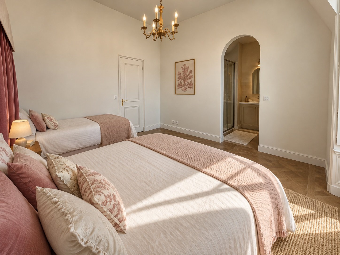 Chambre rose du dernier étage avec têtes de lit à baldaquin et vue sur le village