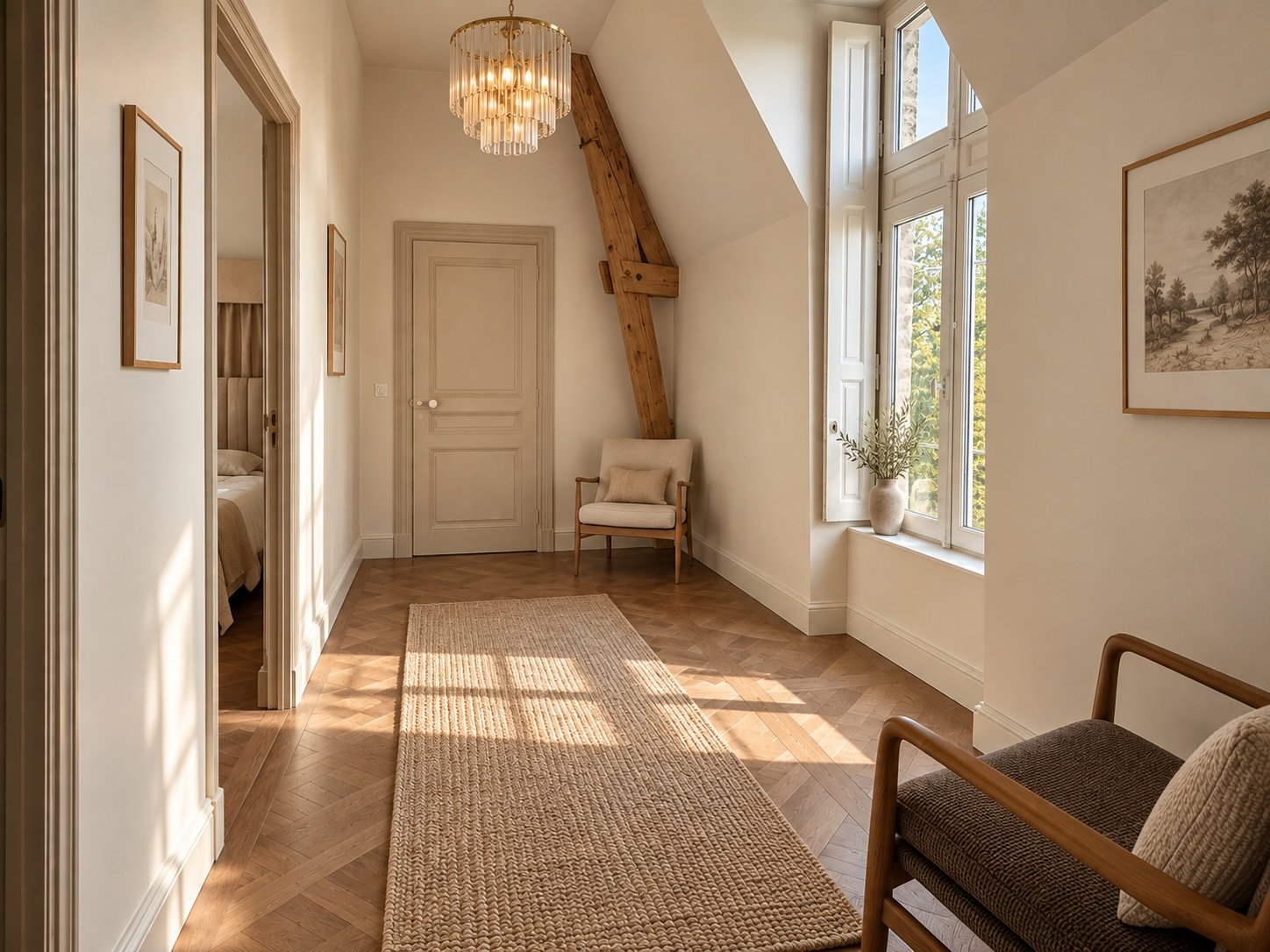 Couloir du dernier étage, parquet à chevrons et poutres apparentes