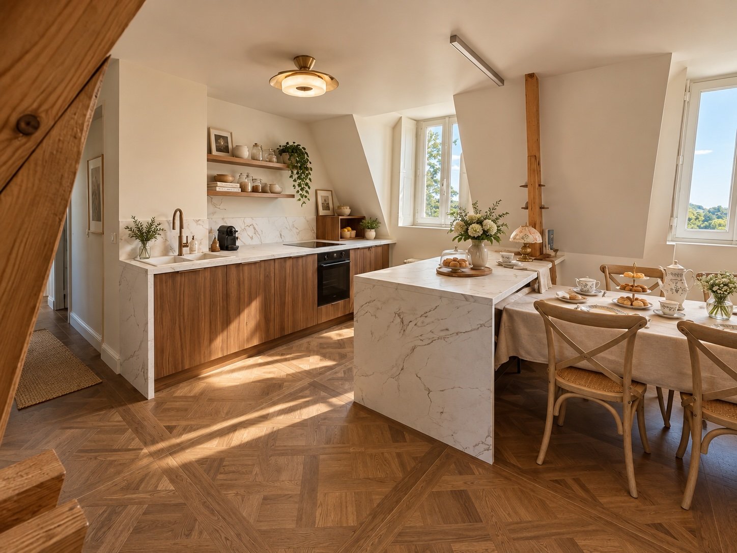 Cuisine équipée du dernier étage avec îlot en marbre