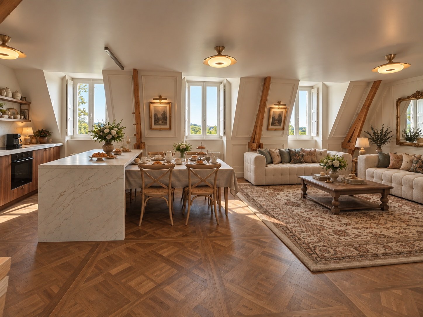Grande pièce de vie du dernier étage : cuisine ouverte, salle à manger et salon