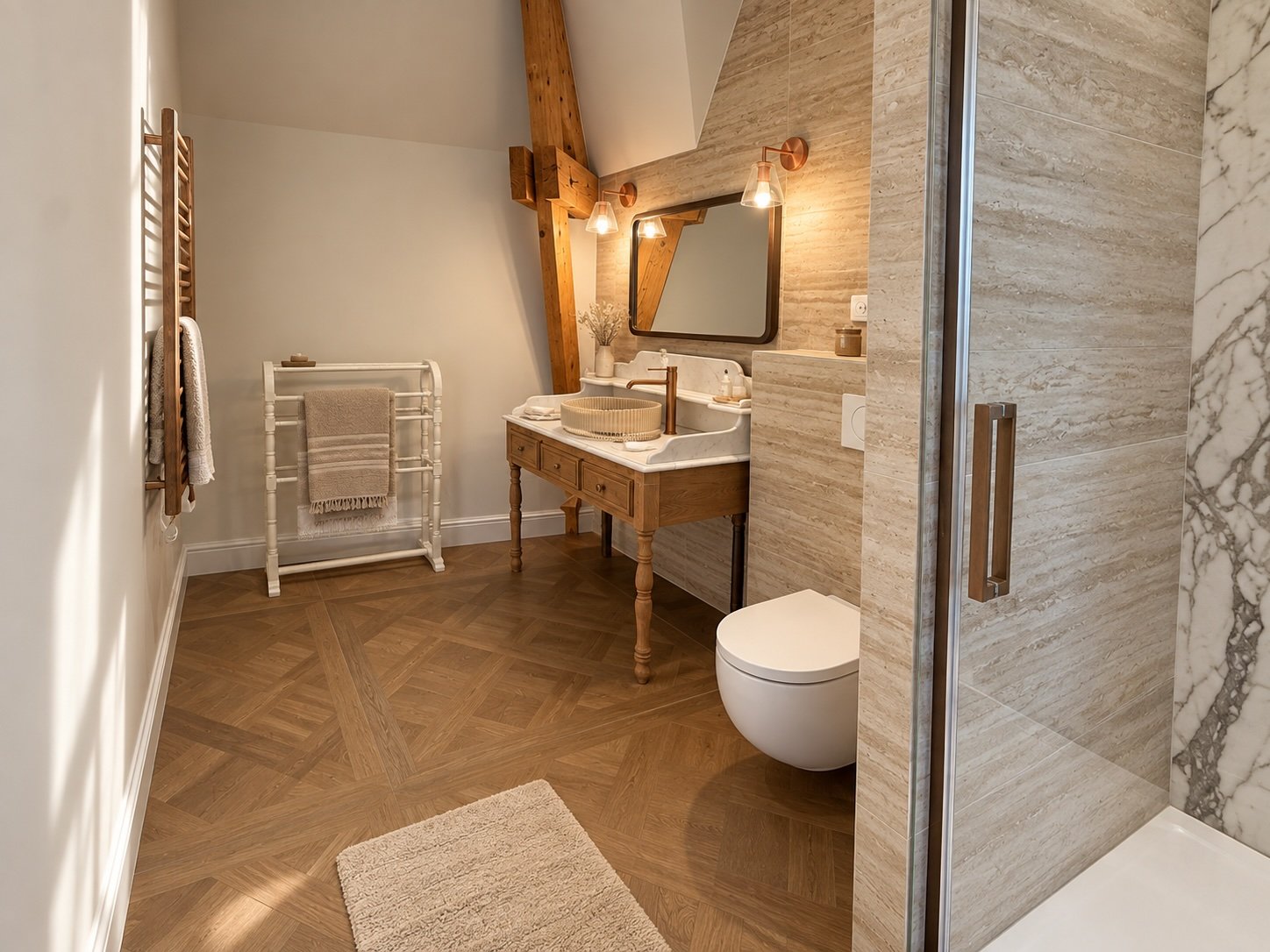 Salle de bain du dernier étage, vasque en rotin et poutres apparentes