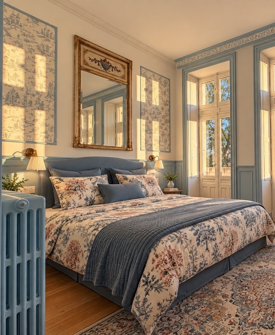 Suite bleue en toile de Jouy : lit double, miroir doré et accès balcon