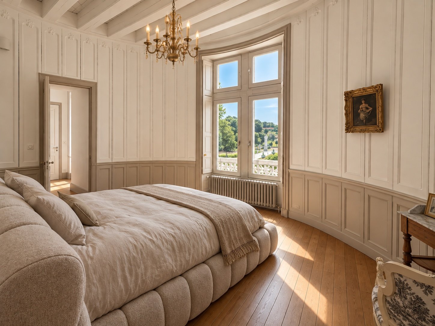 Suite des mariés, boiseries crème et fenêtre en rotonde sur le parc