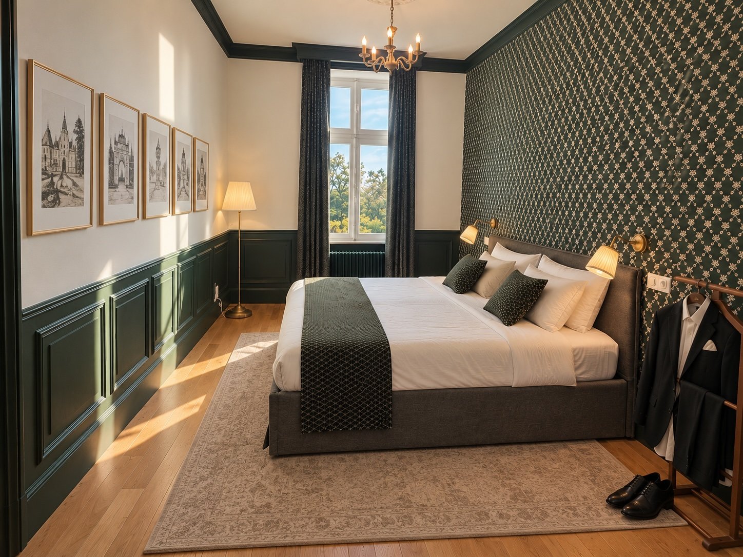 Suite verte aux boiseries et papier peint vert profond